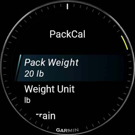 PackCal on-watch settings: pack weight, units, terrain, all editable on the watch