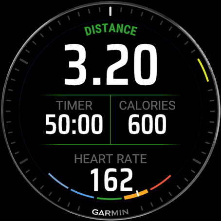 RuckTrack live activity screen showing distance, time, calories, and a heart rate zone arc