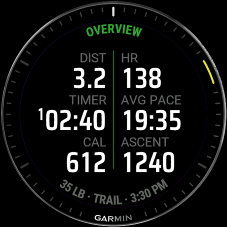Overview screen: a grid of distance, heart rate, time, average pace, calories, and ascent on one page